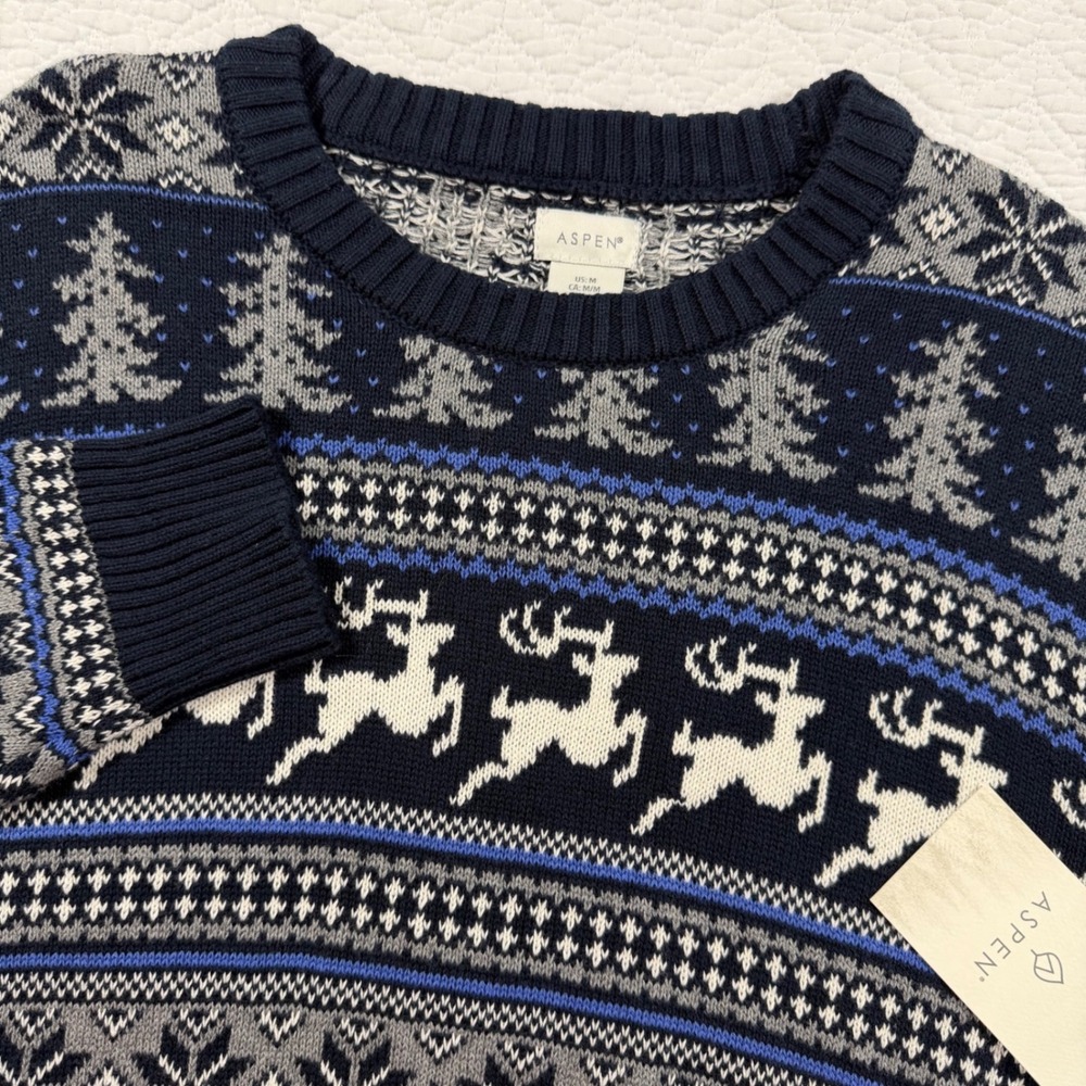 Aspen Mens Medium Navy Blue Fair Isle Reindeer‎ Cotton Knit Crewneck Sweater NWT